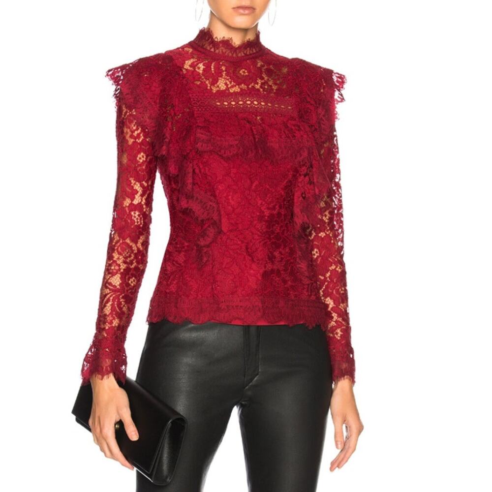 N/Nicholas Jasper Allover Lace Mockneck‎ Frill Top in Burgundy Red